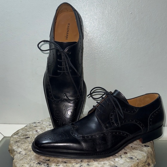 Magnanni Sergio Wingtip Oxford Dress Shoes Black Calfskin Leather 13974 Sz 10 - Picture 16 of 16